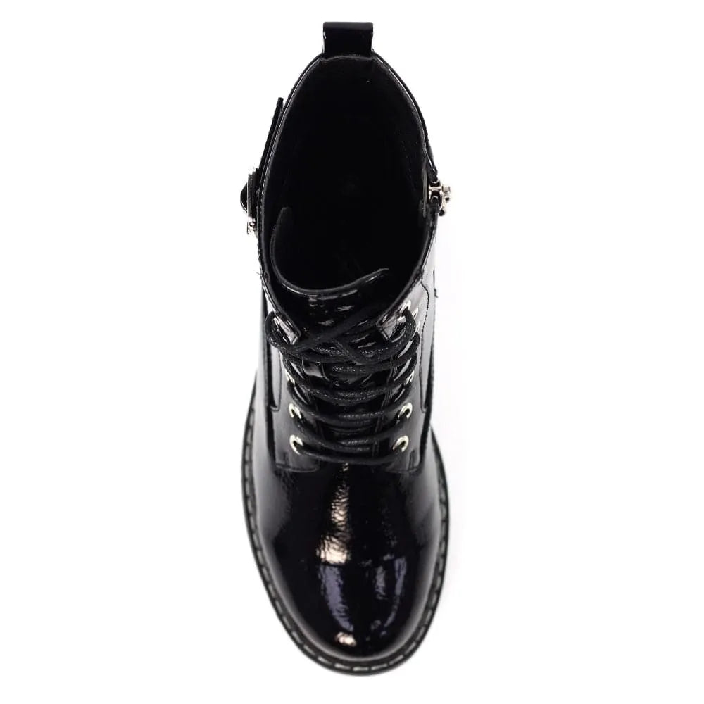 Lunar GLW030 Parlour Ladies Black Patent Zip & Lace Ankle Boots-elevate your sole