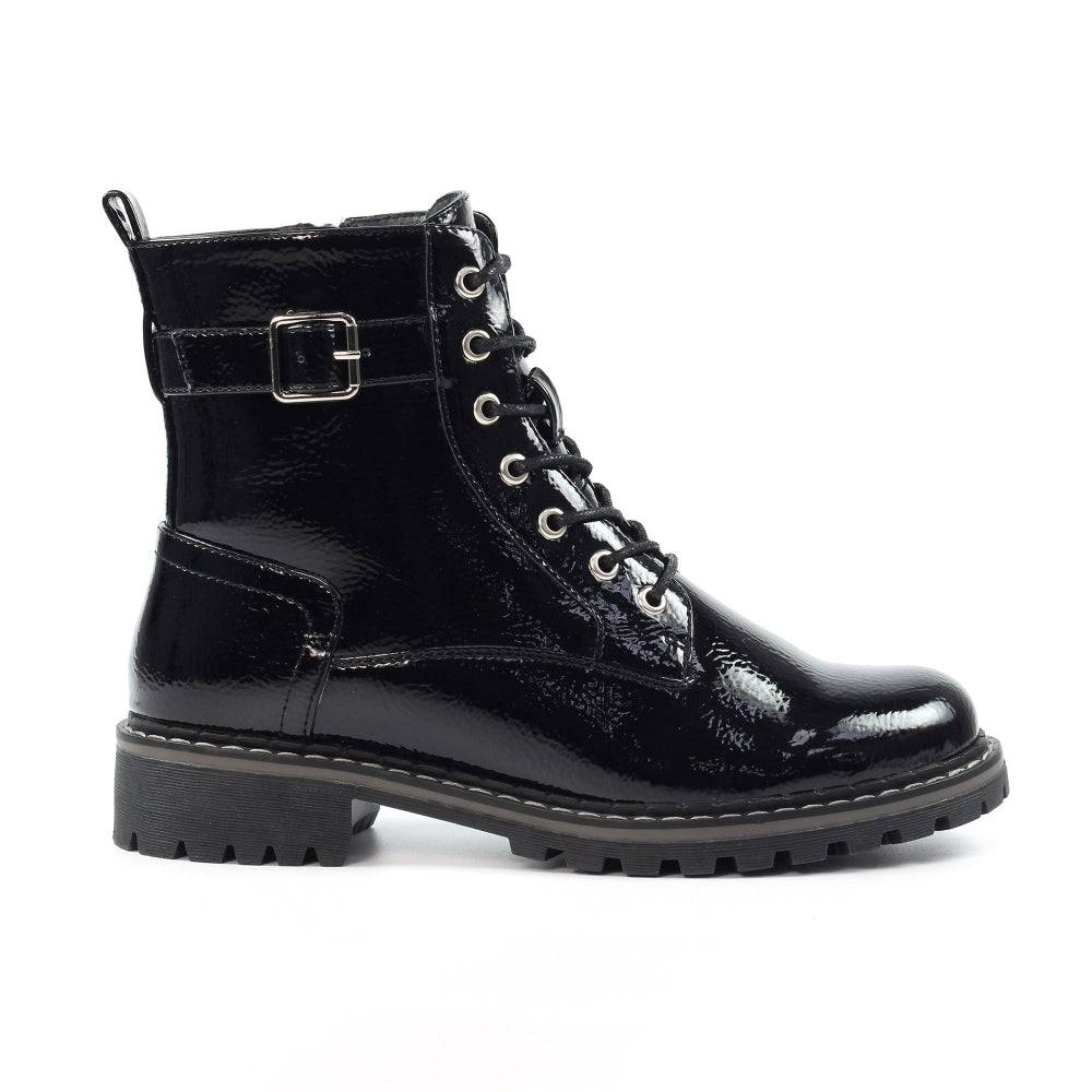 Lunar GLW030 Parlour Ladies Black Patent Zip & Lace Ankle Boots-elevate your sole