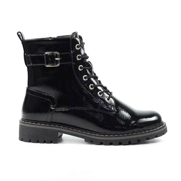Lunar GLW030 Parlour Ladies Black Patent Zip & Lace Ankle Boots-elevate your sole