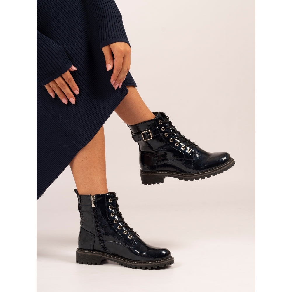 Lunar GLW030 ladies navy patent lace-up ankle boots with zip, lace details, chunky sole, and buckle strap.