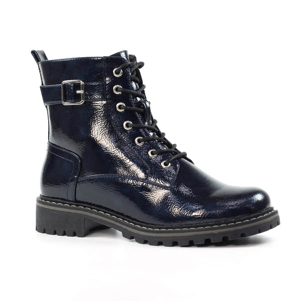 Lunar GLW030 Navy Patent Lace & Zip Ankle Boots for women with lace-up front, side zipper, and buckle detail, stylish patent finish.
