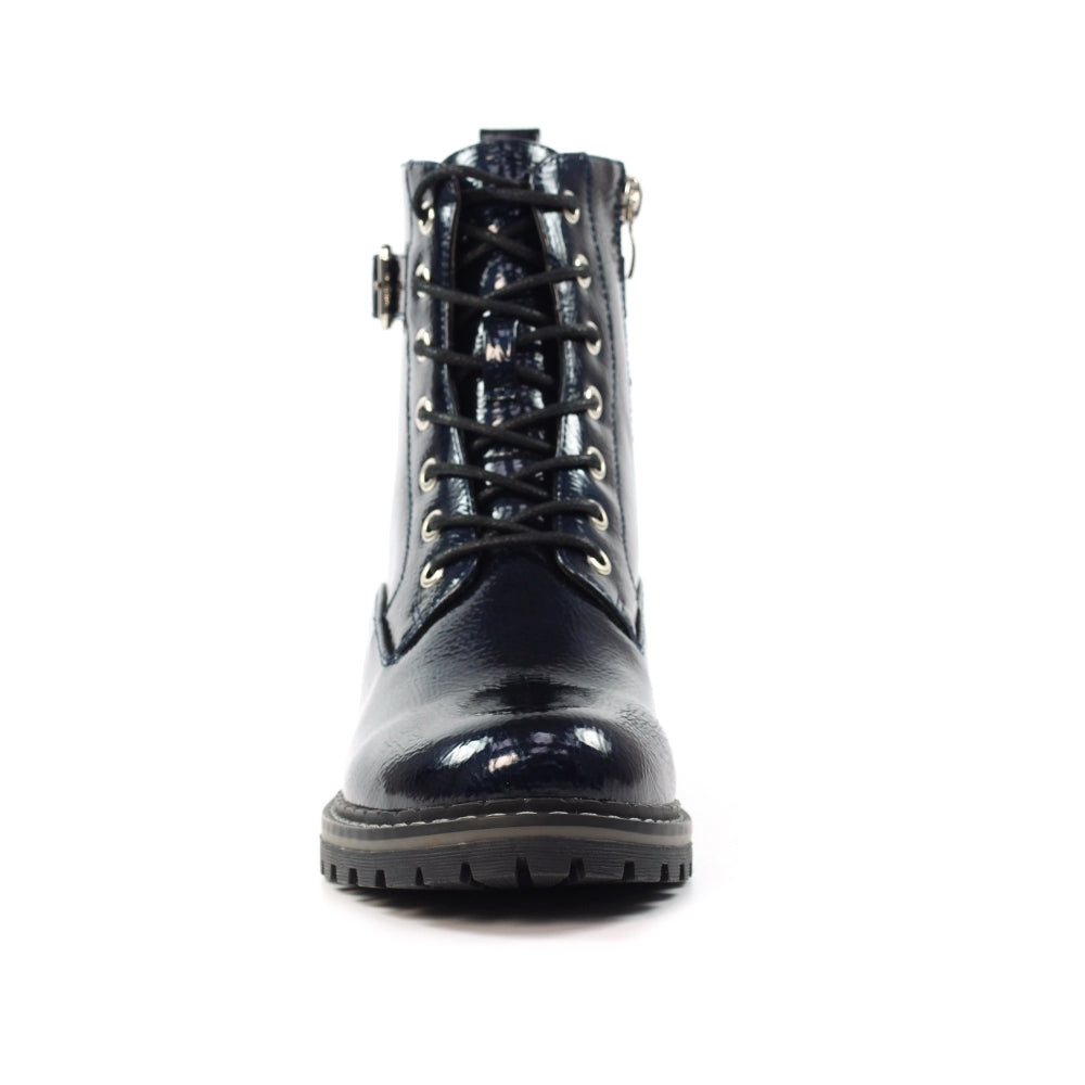 Lunar GLW030 Ladies Navy Patent Zip & Lace Ankle Boots, stylish combat style with lace-up and zipper closure, glossy patent finish.