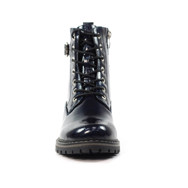 Lunar GLW030 Ladies Navy Patent Zip & Lace Ankle Boots, stylish combat style with lace-up and zipper closure, glossy patent finish.
