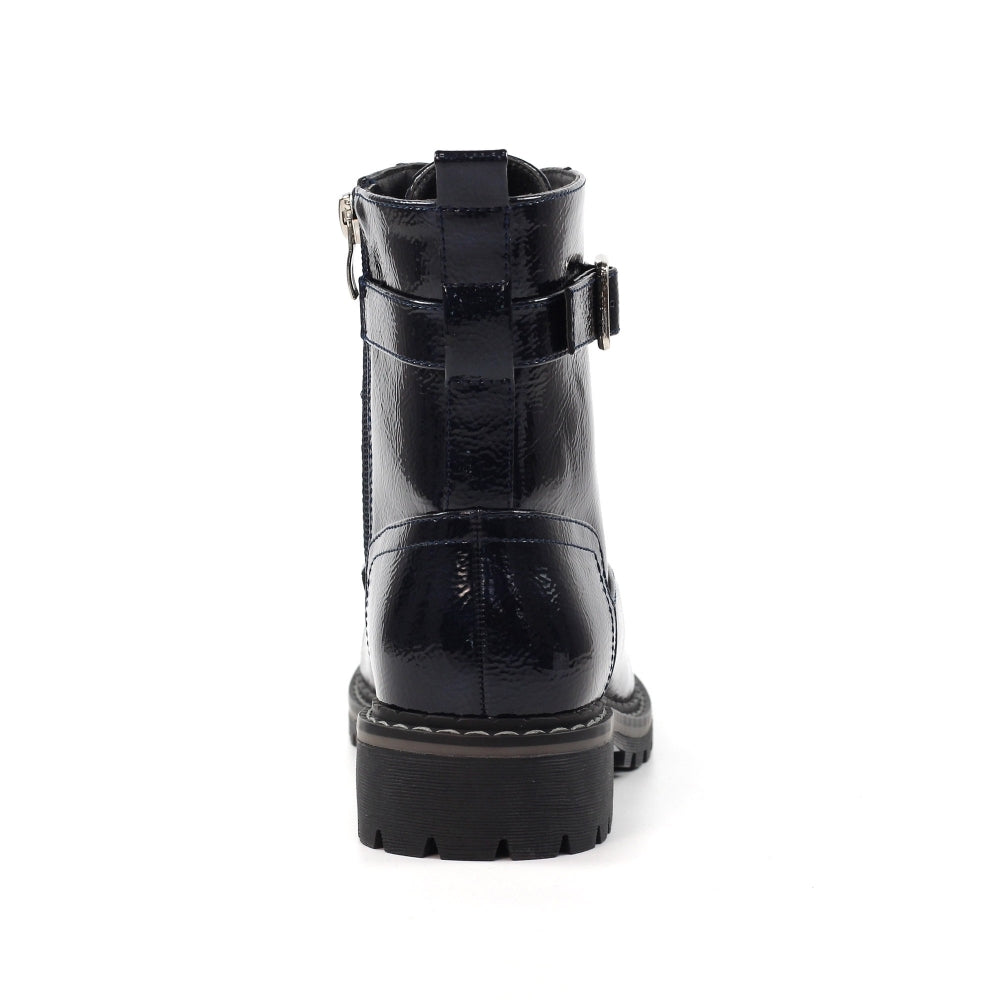 Lunar GLW030 Parlour Ladies Navy Patent Zip & Lace Ankle Boots, glossy navy finish, lace and zip details, chunky sole.