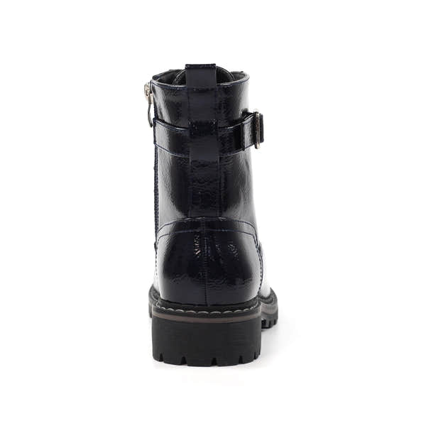 Lunar GLW030 Parlour Ladies Navy Patent Zip & Lace Ankle Boots, glossy navy finish, lace and zip details, chunky sole.