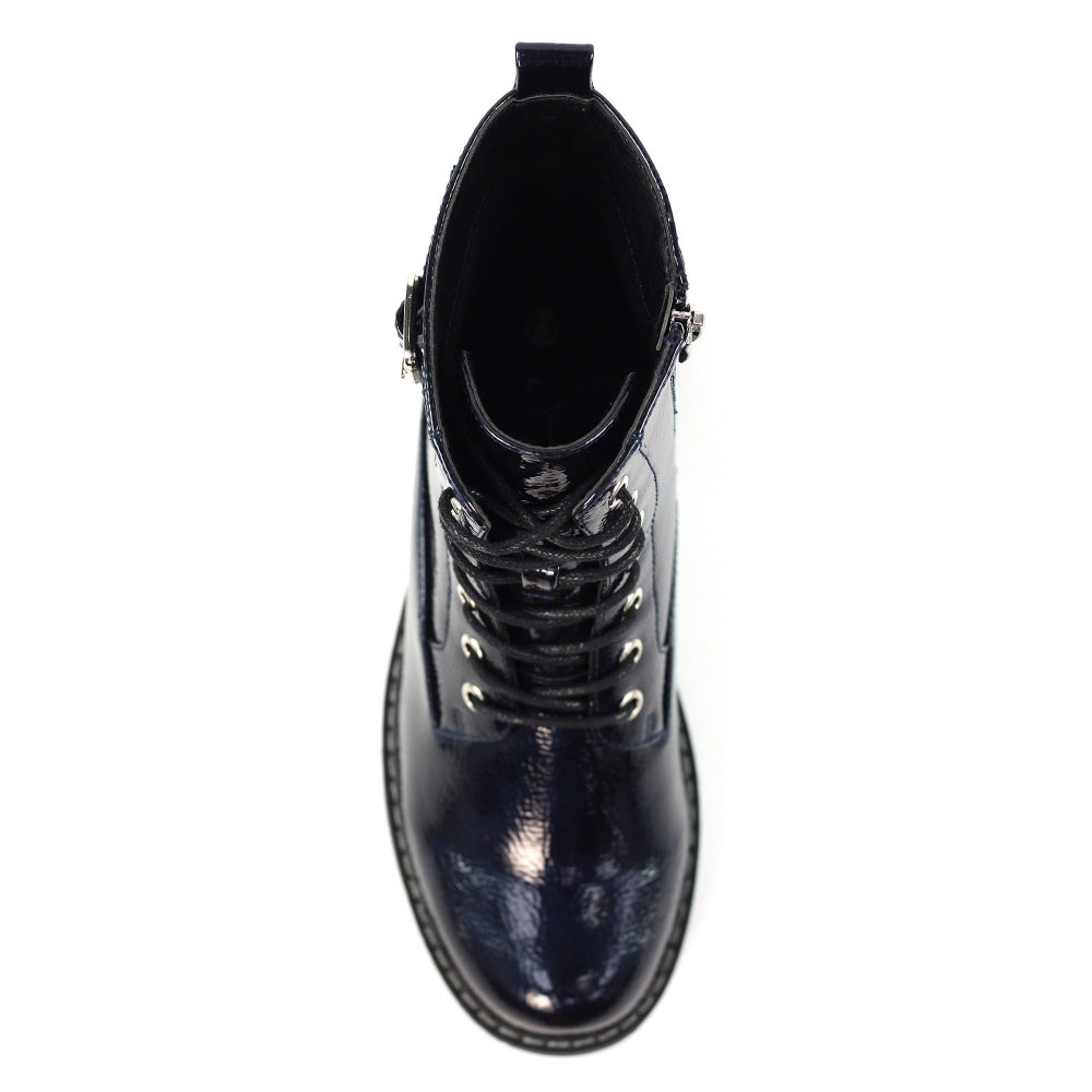 Lunar GLW030 Ladies Navy Patent Lace-Up Ankle Boots with Zipper, chunky sole, and glossy finish.