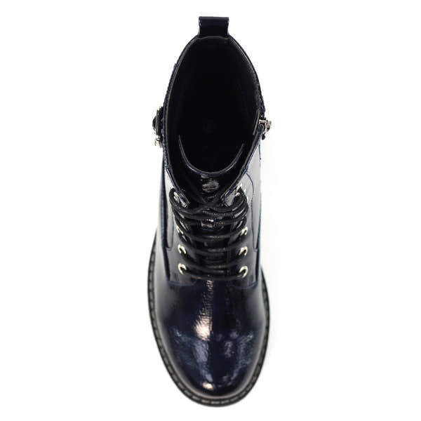 Lunar GLW030 Ladies Navy Patent Lace-Up Ankle Boots with Zipper, chunky sole, and glossy finish.