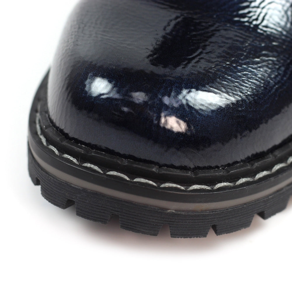 Lunar GLW030 Ladies Navy Patent Zip & Lace Ankle Boots with chunky sole, glossy finish, and decorative lace details.