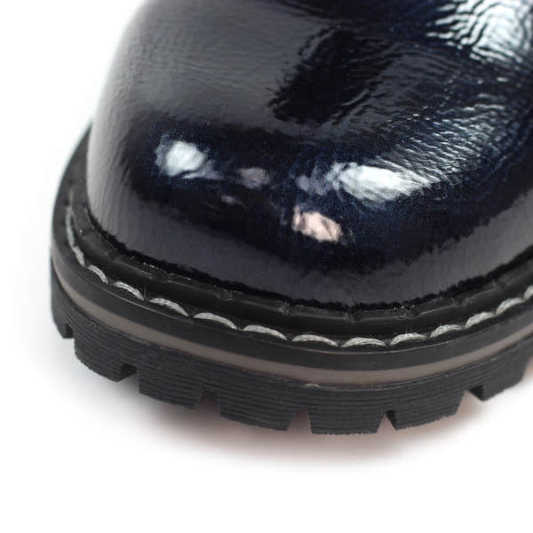 Lunar GLW030 Ladies Navy Patent Zip & Lace Ankle Boots with chunky sole, glossy finish, and decorative lace details.