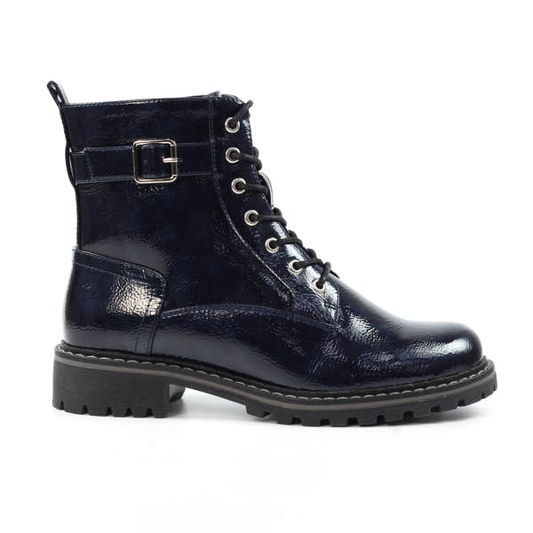 Lunar GLW030 Ladies Navy Patent Ankle Boots with Zip, Lace-up, buckle detail, and chunky sole.