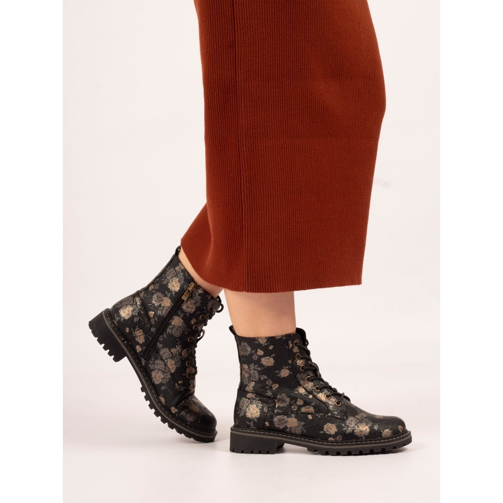 Lunar GLW037 Dazzle ladies' black floral lace-up ankle boots with zip detail, rugged sole, and lace accents.