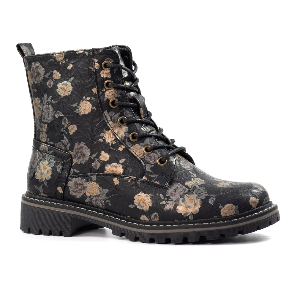Lunar GLW037 Dazzle Ladies Black Floral Zip & Lace Ankle Boots with laces, floral pattern, and chunky sole.