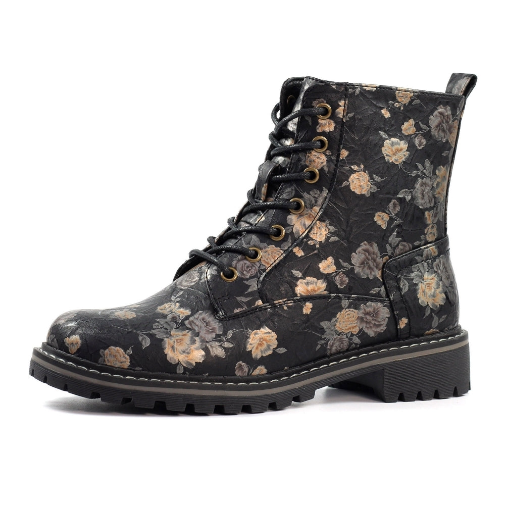 Lunar GLW037 Dazzle Ladies Black Floral Lace-Up Ankle Boots with zip closure and chunky heel.
