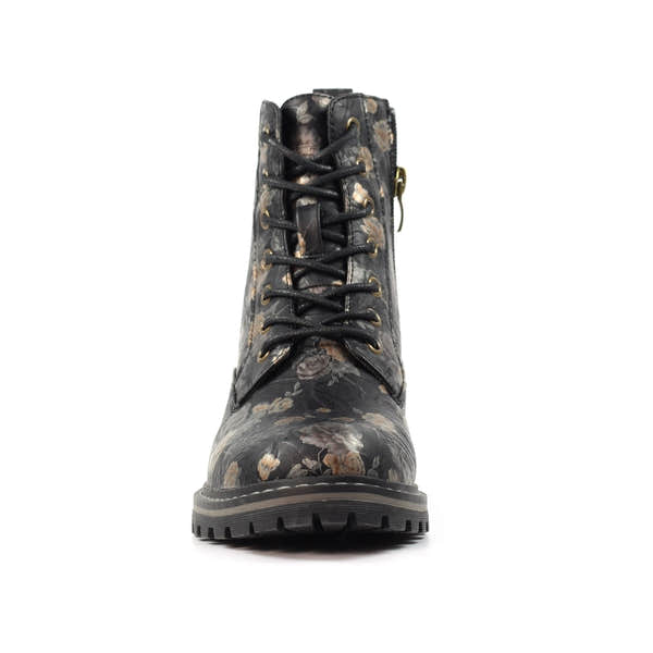 Lunar GLW037 Dazzle Ladies Black Floral Lace & Zip Ankle Boots with lace-up front and floral pattern.