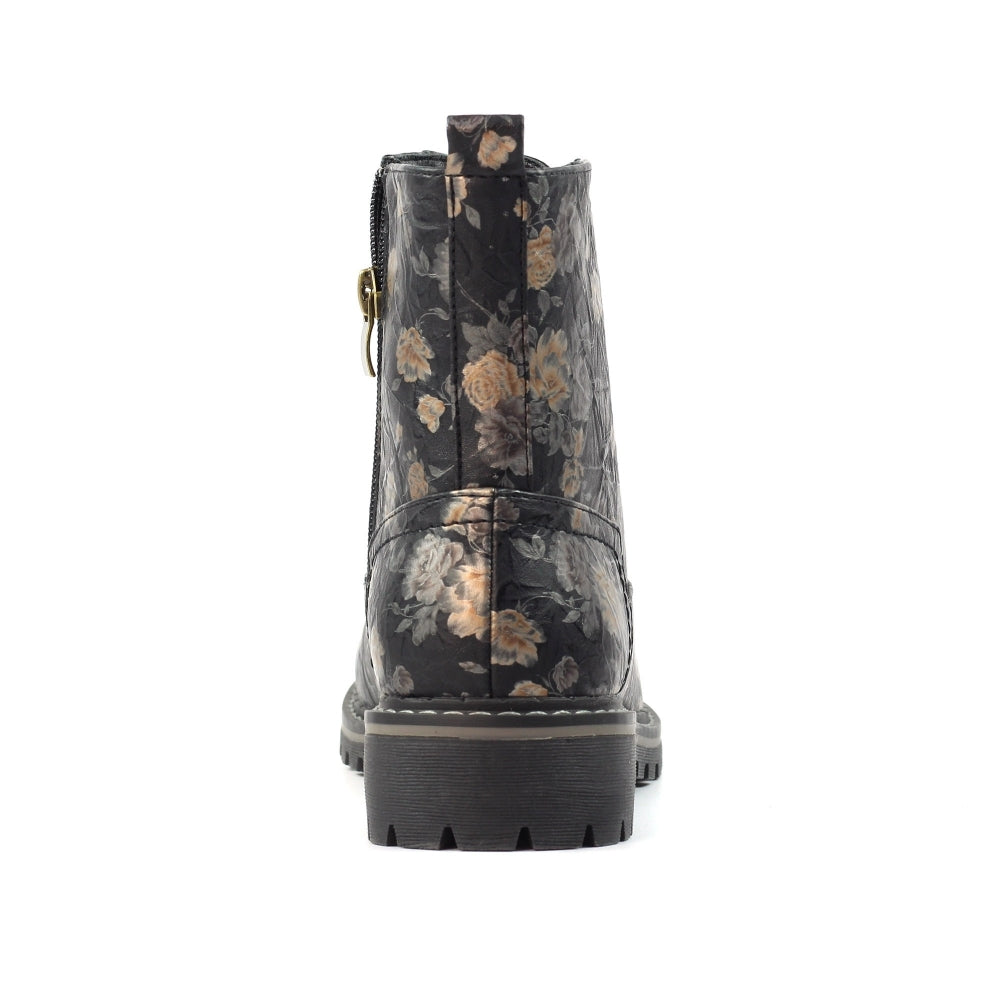 Lunar GLW037 Dazzle Ladies Black Floral Zip & Lace Ankle Boots with chunky heel and lace-up detail.