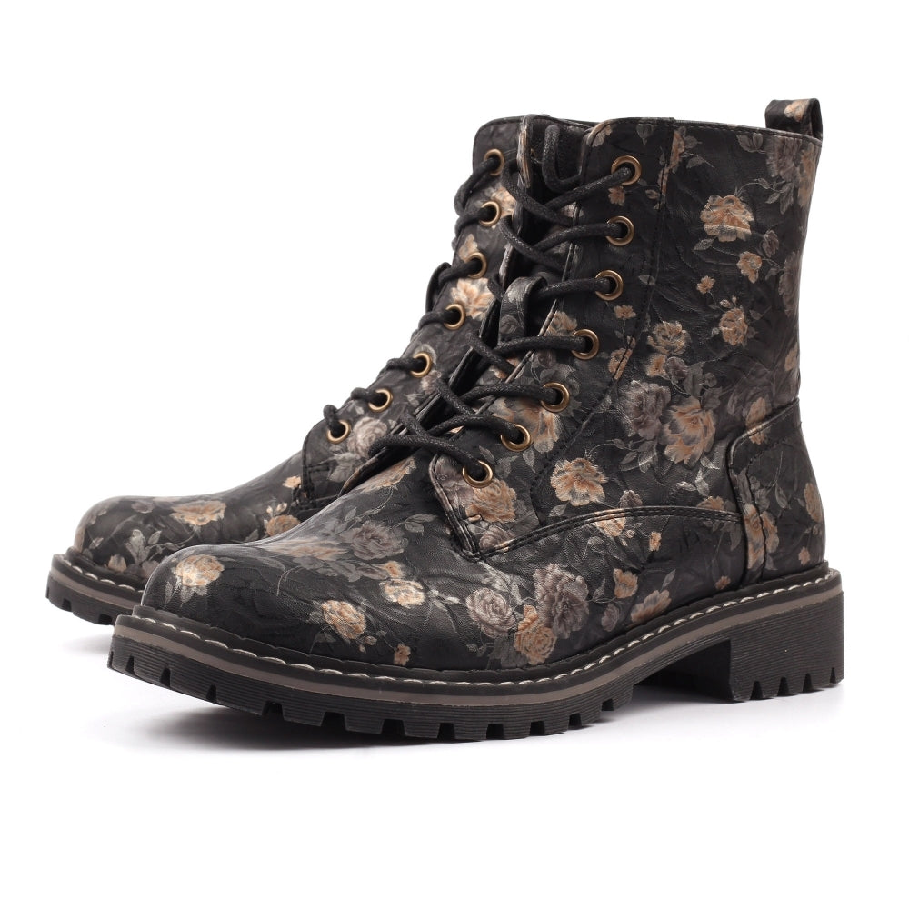 Lunar GLW037 Dazzle women's black floral lace-up ankle boots with zip detail and chunky heel.