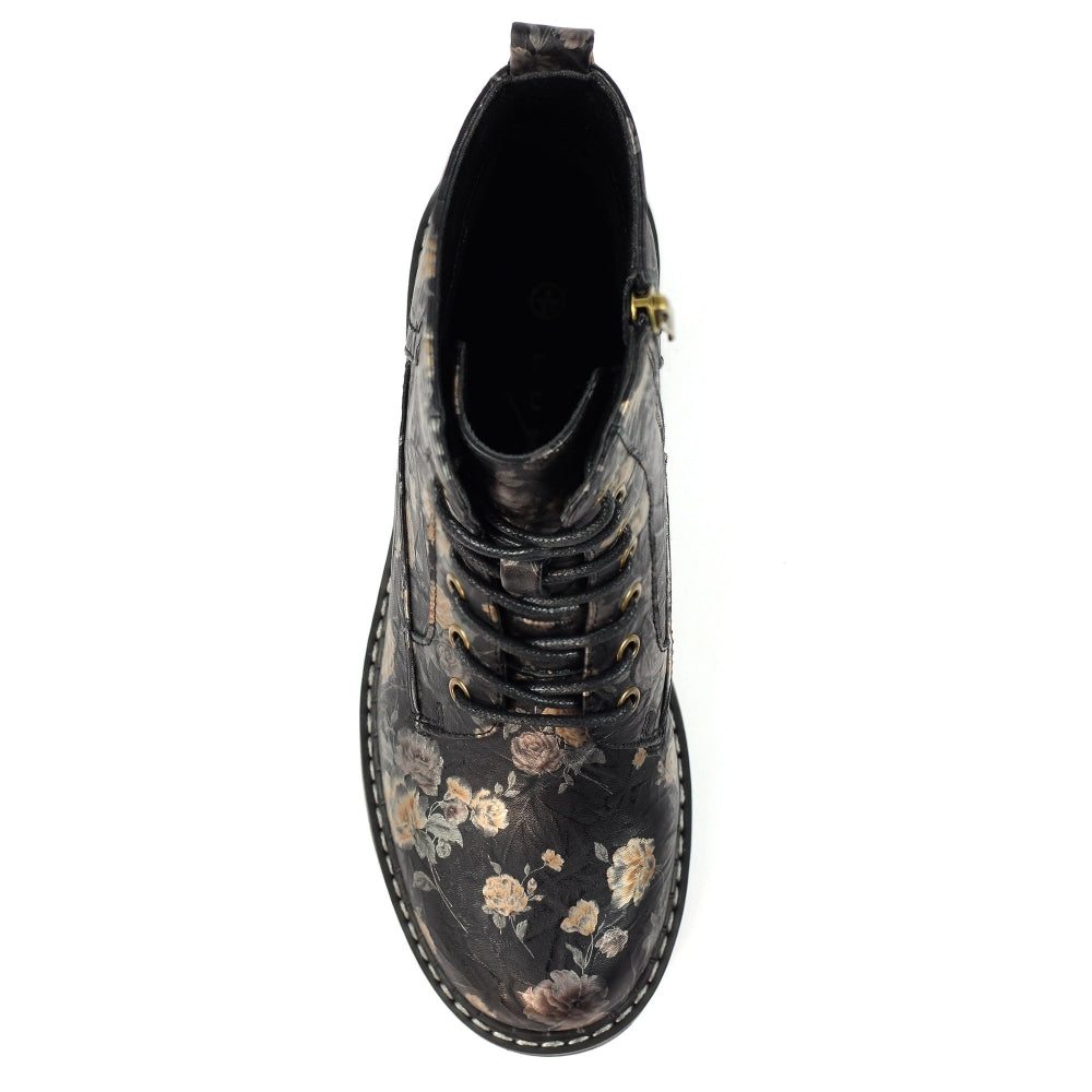 Lunar GLW037 Dazzle women's black floral lace-up ankle boots with zip, lace detailing, and floral pattern design.