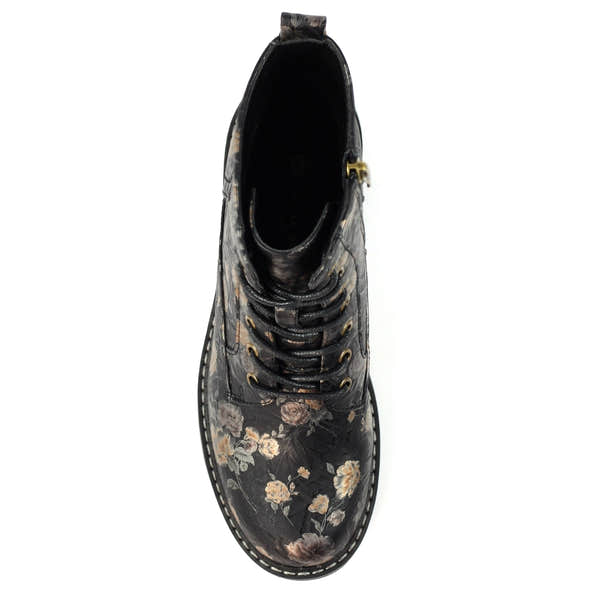 Lunar GLW037 Dazzle women's black floral lace-up ankle boots with zip, lace detailing, and floral pattern design.
