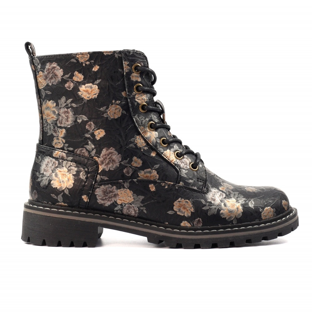 Lunar GLW037 Dazzle Ladies Black Floral Zip & Lace Ankle Boots with lace-up design, floral pattern, and sturdy rubber sole.