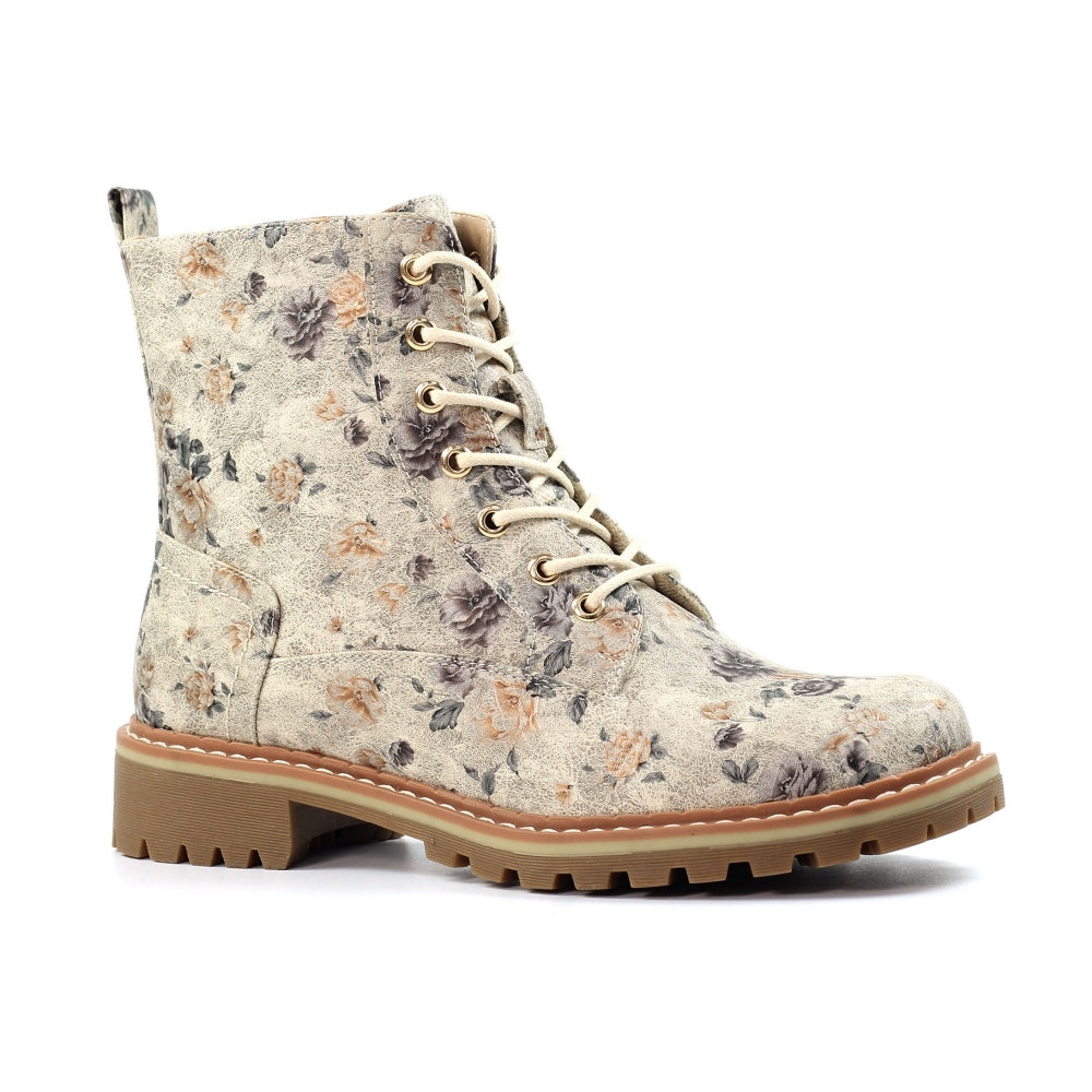 Lunar GLW037 Dazzle Ladies Zip & Lace Ankle Boots with floral print, lace-up and side zipper, chunky heel, beige color, stylish footwear.