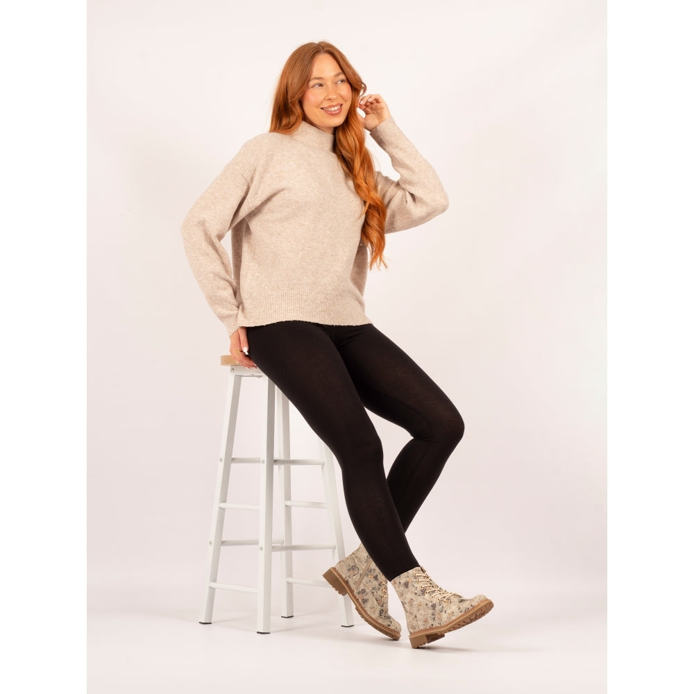 Lunar GLW037 Dazzle Ladies Zip & Lace Ankle Boots shown with a beige sweater, black leggings, and a smiling woman sitting on a white stool.