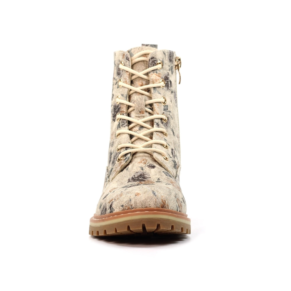 Lunar GLW037 Dazzle Ladies Zip & Lace Ankle Boots with floral print, lace-up front, and side zipper, in beige tones.