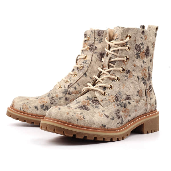 Lunar GLW037 Dazzle women's lace-up ankle boots with floral print, zip closure, lace details, and durable rubber sole.
