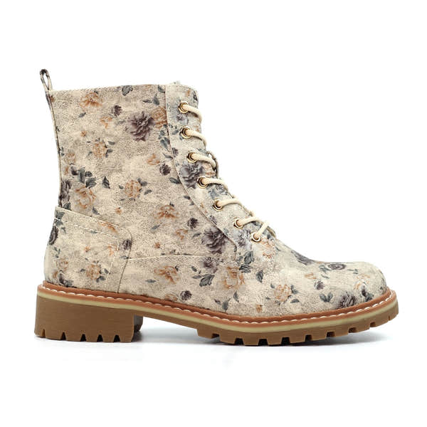Lunar GLW037 Dazzle women's lace-up ankle boots with zipper, floral lace design, chunky heel, and rugged outsole.