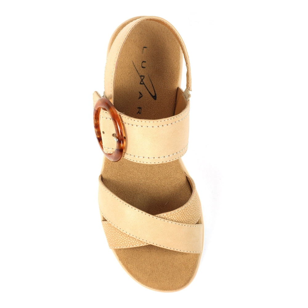 Lunar JLB011BG Elise beige ladies buckle sandals with angular strap and tortoiseshell buckle detail.
