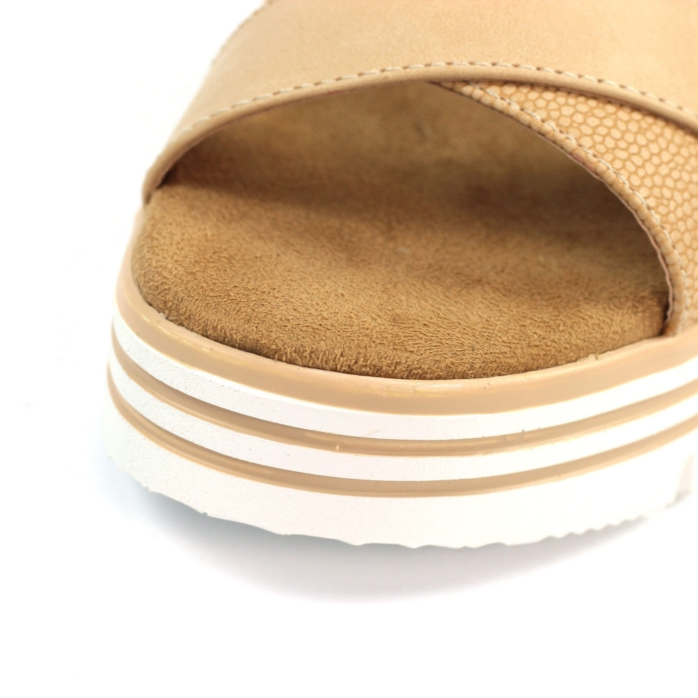 Lunar JLB011BG Elise Women's Beige Buckle Sandals with cushioned insole and platform outsole.