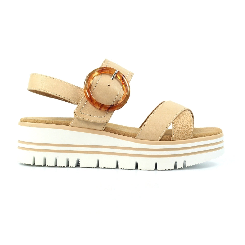 Lunar JLB011BG Elise beige women's buckle sandal with thick white platform sole and brown tortoiseshell circular buckle.