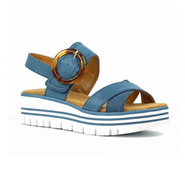 Lunar JLB011MB Elise women's mid blue buckle sandals with striped platform sole and open-toe design.