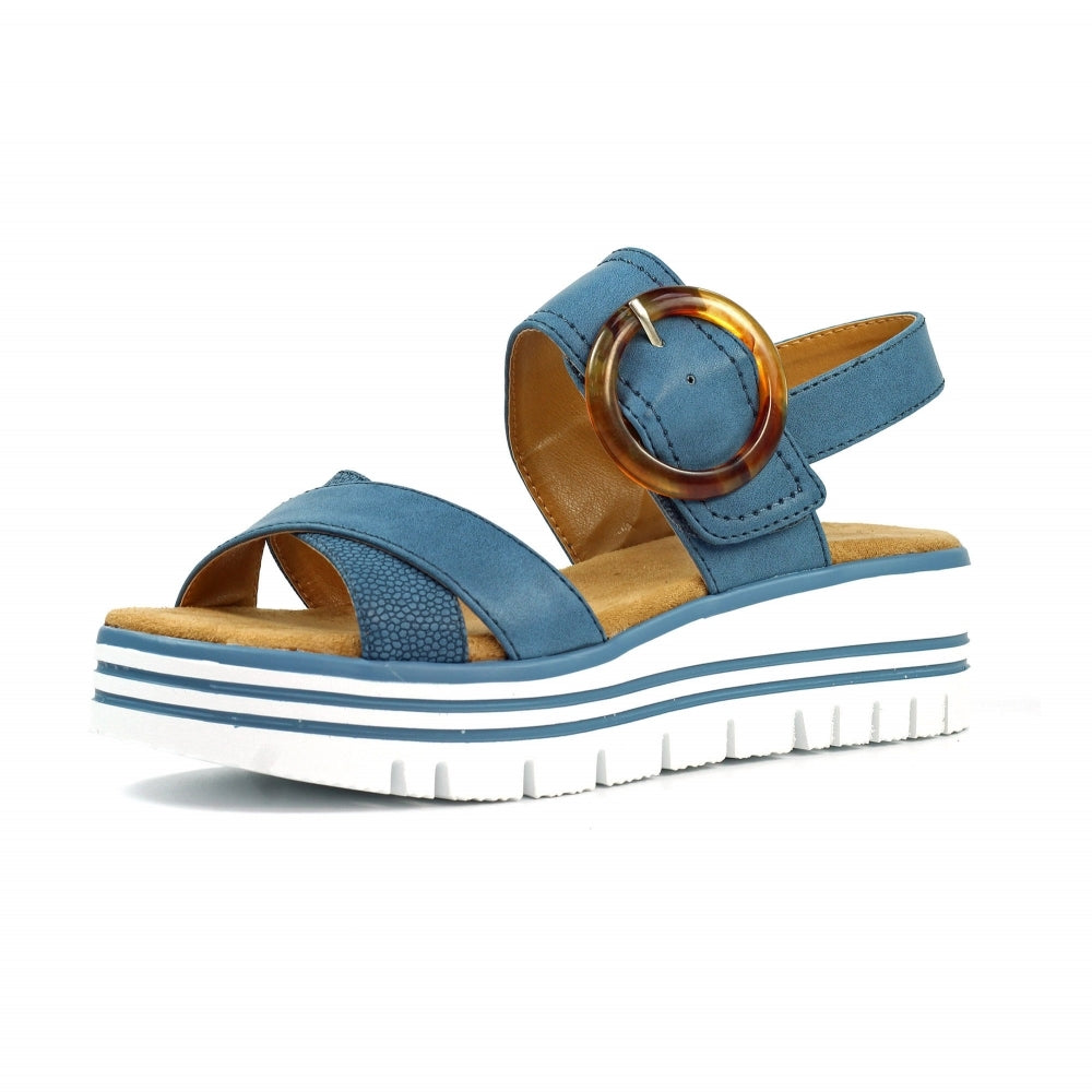 Lunar JLB011MB Elise Ladies Mid Blue Buckle Sandals with ankle strap and chunky white sole.