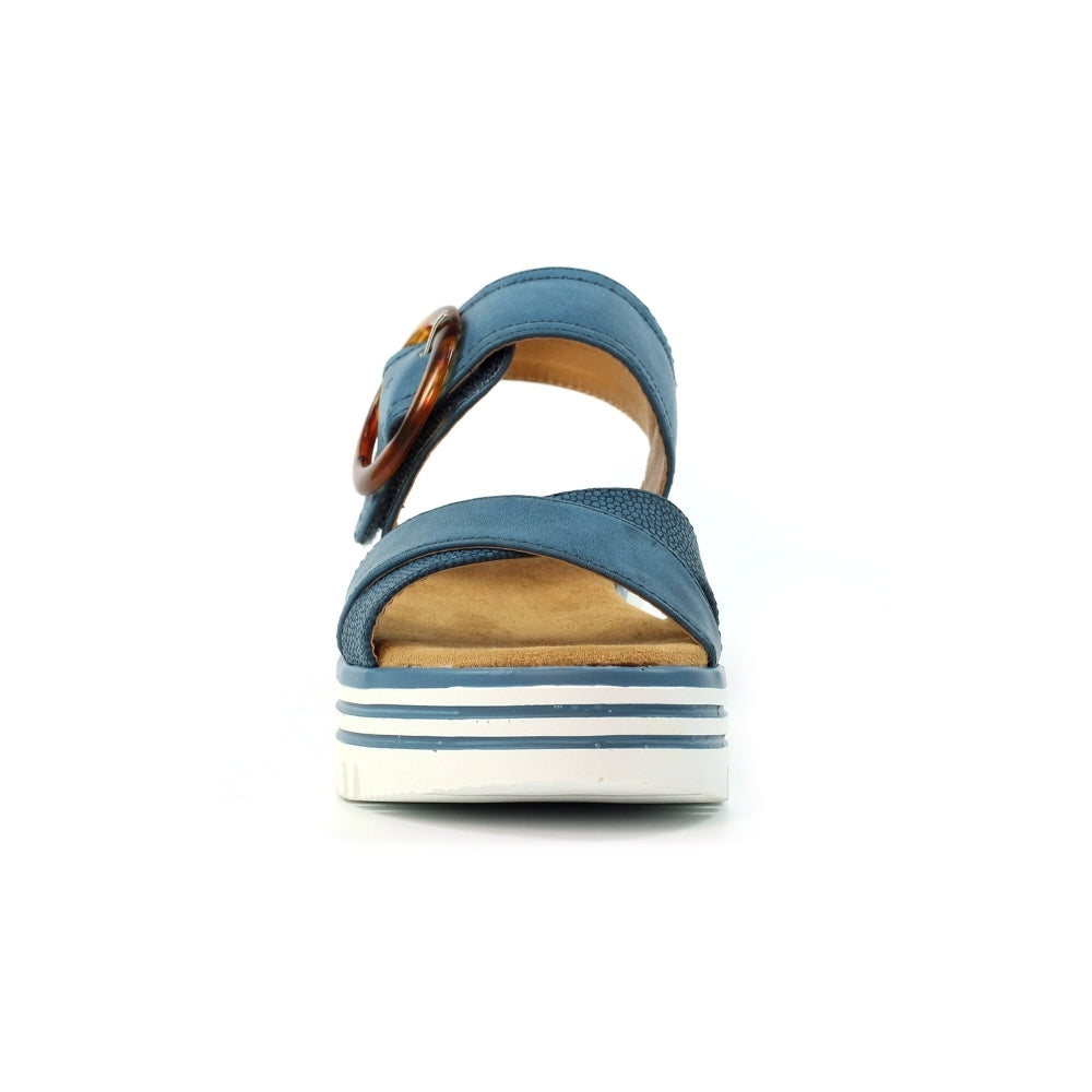 Lunar JLB011MB Elise women’s mid blue buckle sandals with thick striped sole and open toe design.