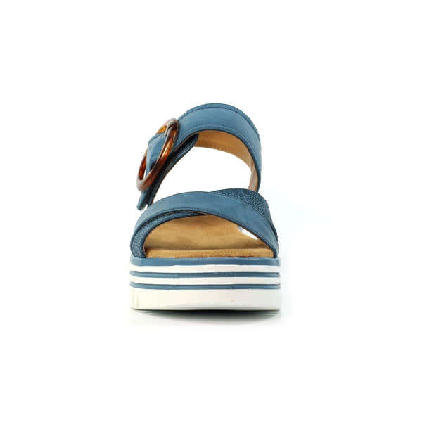 Lunar JLB011MB Elise women’s mid blue buckle sandals with thick striped sole and open toe design.
