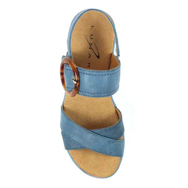 Lunar JLB011MB Elise women's mid-blue buckle sandals with crisscross straps and tortoiseshell buckle, open toe, casual footwear.