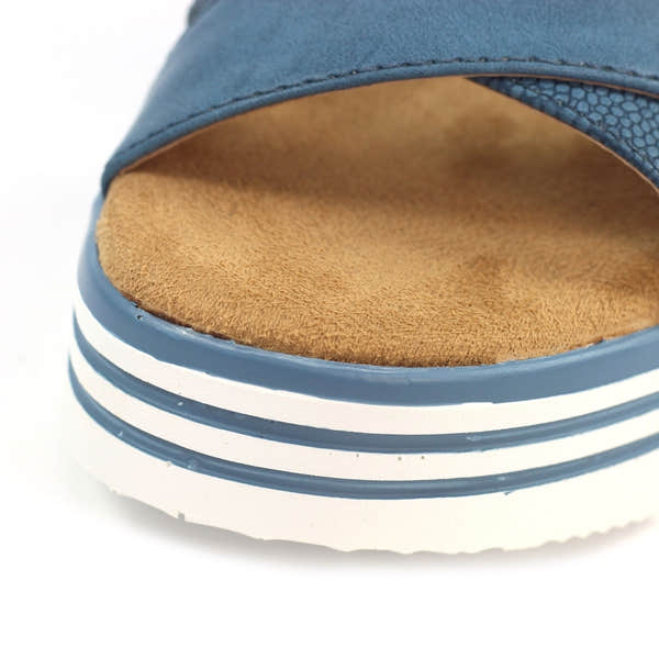 Lunar JLB011MB Elise Ladies Mid Blue Buckle Sandals with cushioned insole and striped platform sole.
