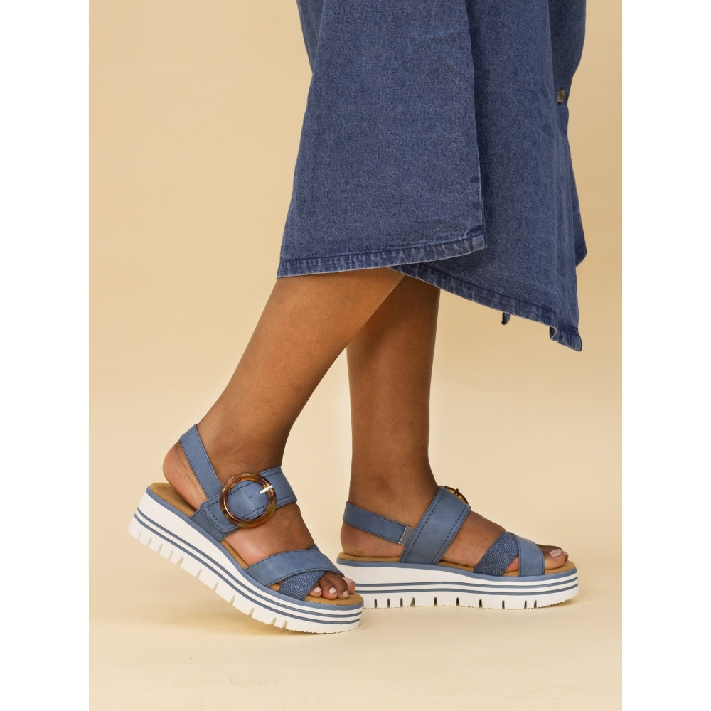 Lunar JLB011MB Elise Women's Mid Blue Buckle Sandals with chunky white sole and adjustable ankle strap.