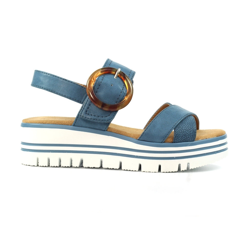 Lunar JLB011MB Elise Women's Mid Blue Buckle Sandals with chunky white rubber sole and stylish T-strap design.