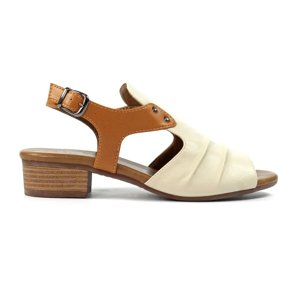 Lunar JLD102 Jaden women's beige buckle sandals with ankle strap, open toe, low block heel, and stylish leather design.