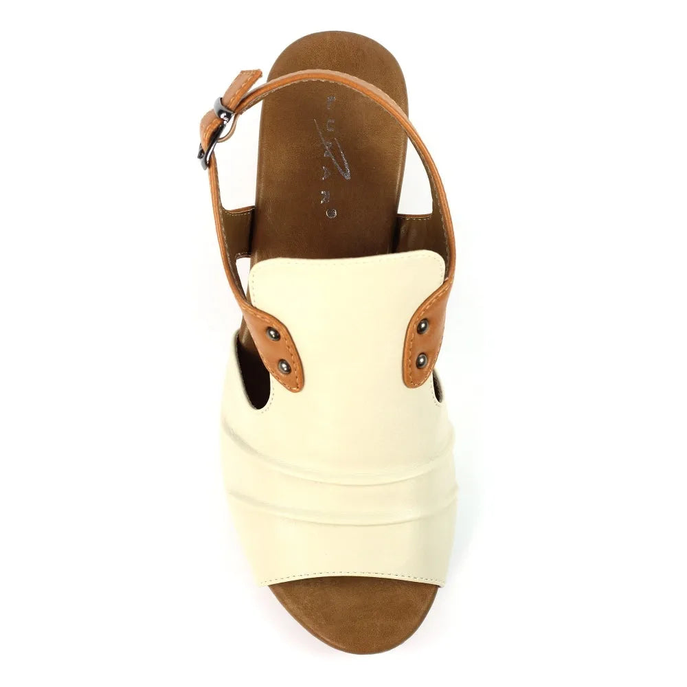 Lunar JLD102 Jaden Ladies Beige Buckle Sandals with open toe, ankle strap, and beige and brown leather design.