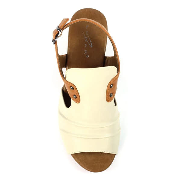 Lunar JLD102 Jaden Ladies Beige Buckle Sandals with open toe, ankle strap, and beige and brown leather design.