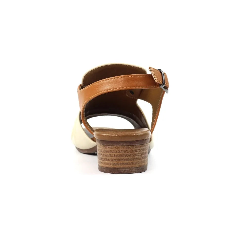 Lunar JLD102 Jaden Ladies Beige Buckle Sandals with Low Block Heel, back view, stylish open-toe summer footwear.