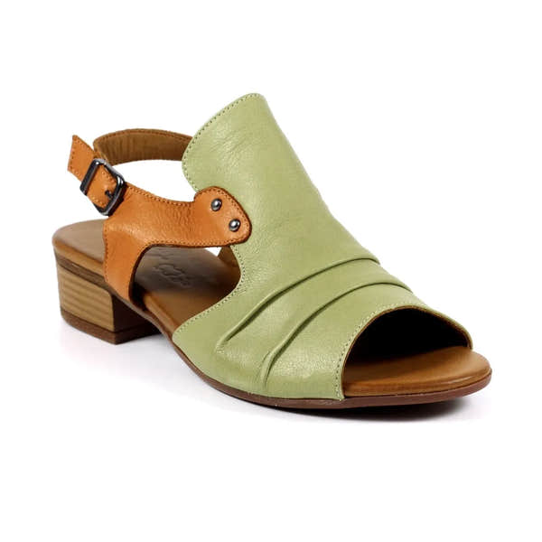 Lunar JLD102 Jaden Ladies Khaki Leather Buckle Sandals with open toe, chunky heel, and contrasting tan ankle strap.