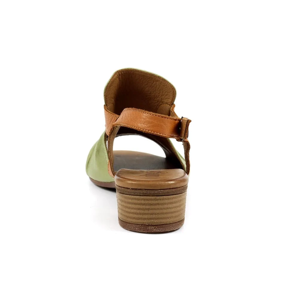 Lunar JLD102 Jaden Ladies Khaki Leather Buckle Sandals with stacked heel and tan strap detail.