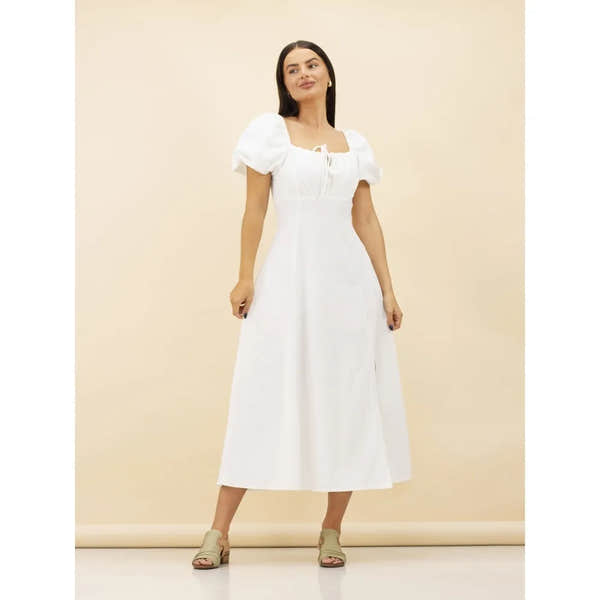 Lunar JLD102 Jaden Ladies Khaki Leather Buckle Sandals paired with a white dress, stylish open-toe design, perfect for casual or summer wear.