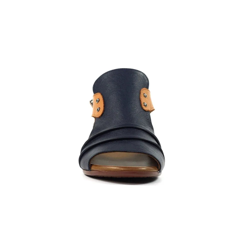 Lunar JLD102 Jaden women's navy leather buckle sandals with tan accents and open toe design.