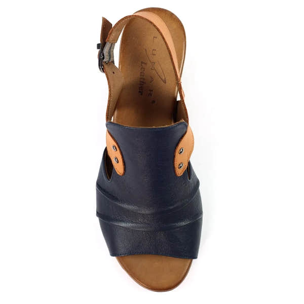Lunar JLD102 Jaden Ladies Navy Leather Buckle Sandals with tan accents, open toe, and ankle strap.
