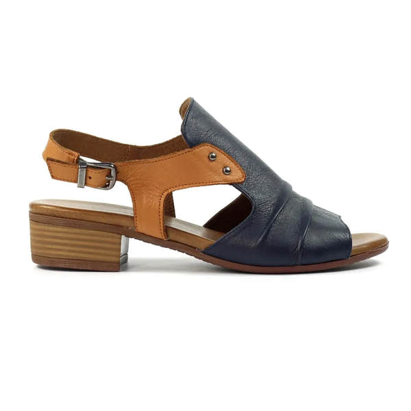 Lunar JLD102 Jaden Ladies Navy Leather Buckle Sandals with low block heel and color-blocked design.