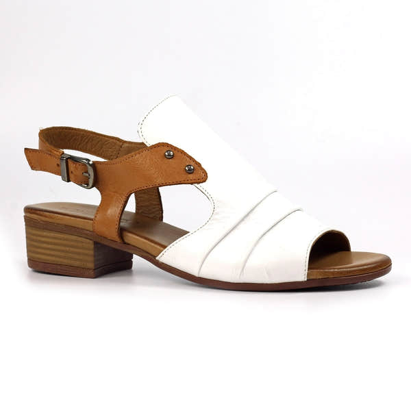 Lunar JLD102 Jaden women's white leather buckle sandal with brown ankle strap and low block heel.